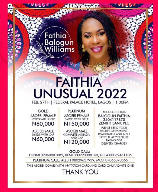 Aso-ebi package  up to N150k for Faithia Balogun birthday party.