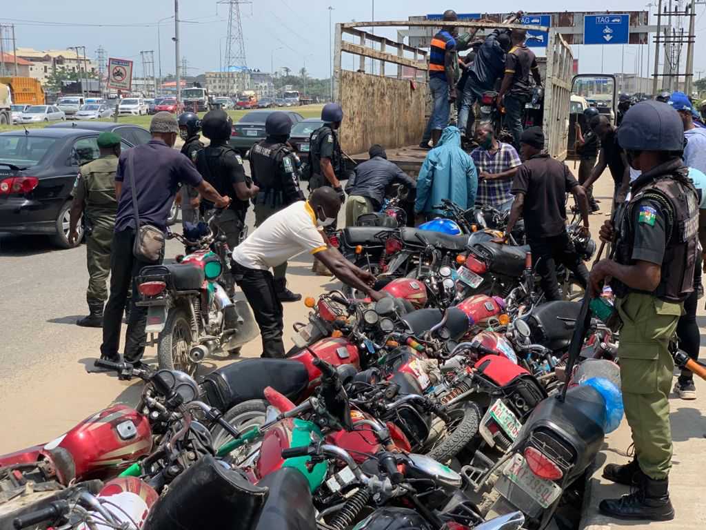 LAGOS TASKFORCE IMPOUNDS 60 OKADA BELONGING TO MISCREANTS AT ALLEN AVENUE • The Agency this year is all out to reduce Environmental laws offenders to the minimum – Jejeloye